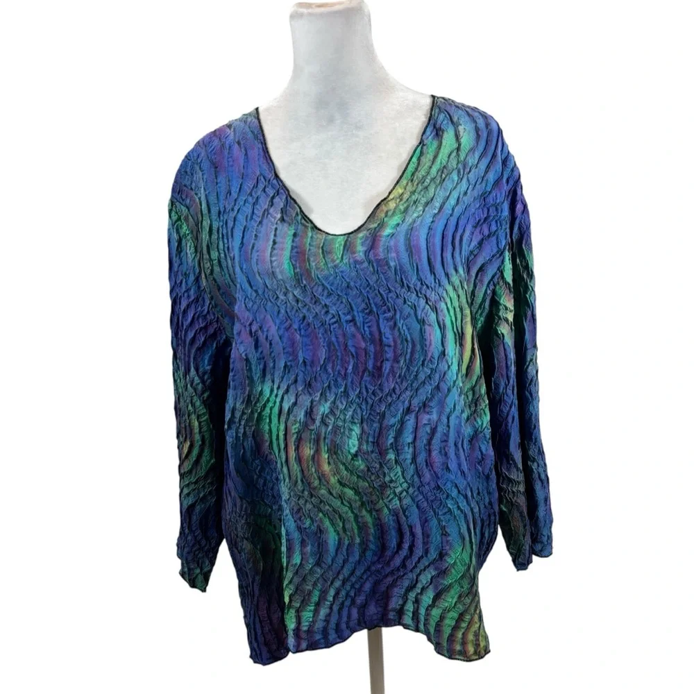 Ladies Sally Ryan V Neck Silk‎ Blouse Multicolor Wavy Tie Dye Print Size XL